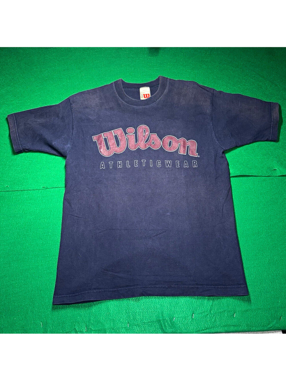 VTG 90s Wilson Athleticwear T Shirt L Navy Blue Red Spell Out Made In USA